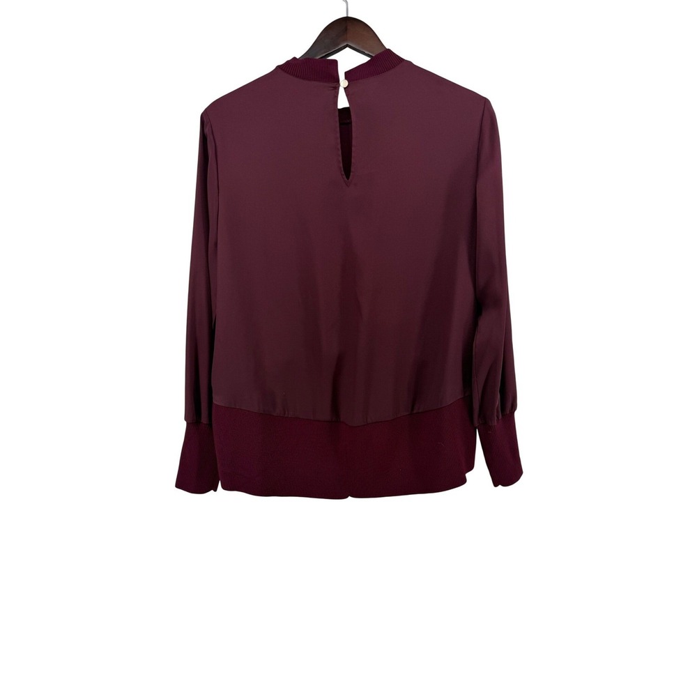 Ted Baker Wyonia Burgundy Mock Neck Ribbed Knit Trim Blouse Womens Size 3 Office - Picture 6 of 8